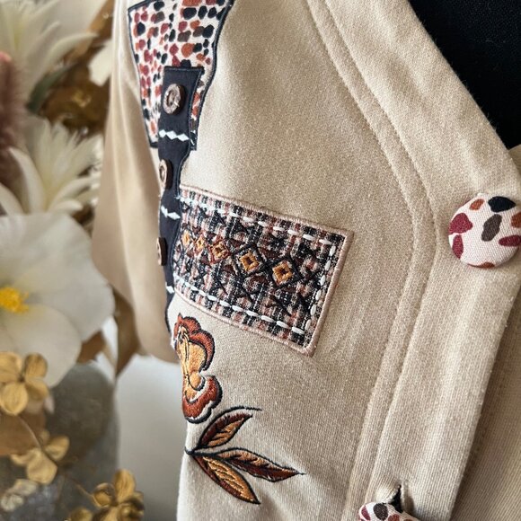Cottage Prairie y2k Embroidered Patchwork Beige Button-Up Cardigan Large - Picture 3 of 11